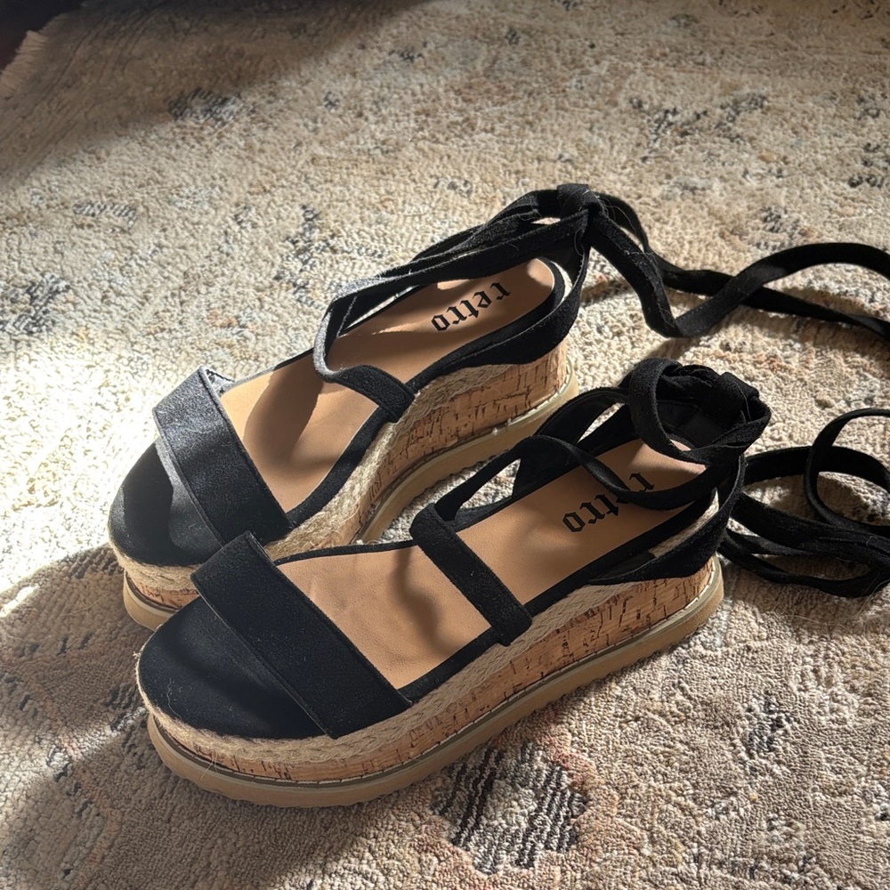 Retro Black Espadrille Platform Sandals